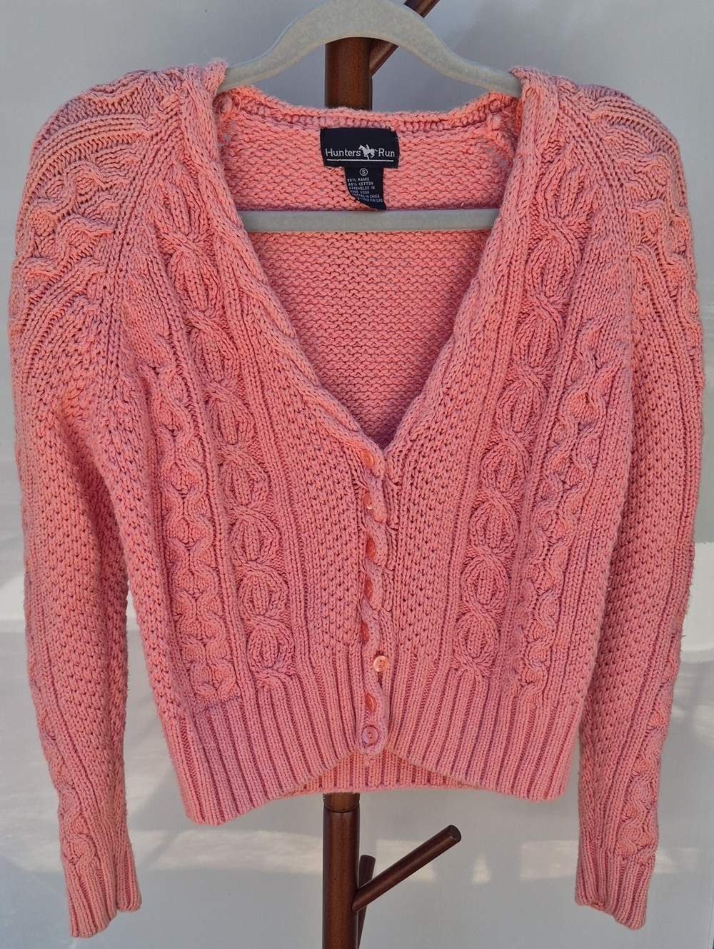 Vintage Hunters Run Pink Cable-Knit V-Neck Button Cardigan